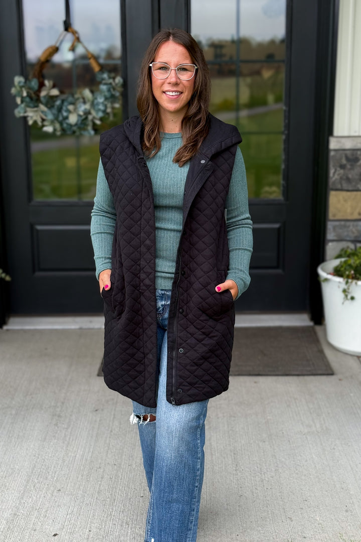 Long Quilted Vest- Black