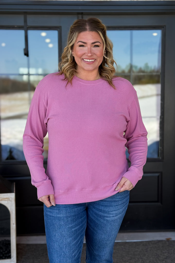 Corrine Ribbed Pullover- Rose
