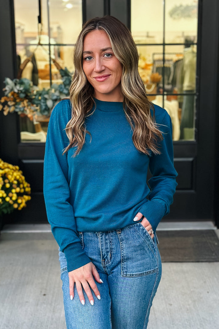 Teal Crew Pleated Sweater