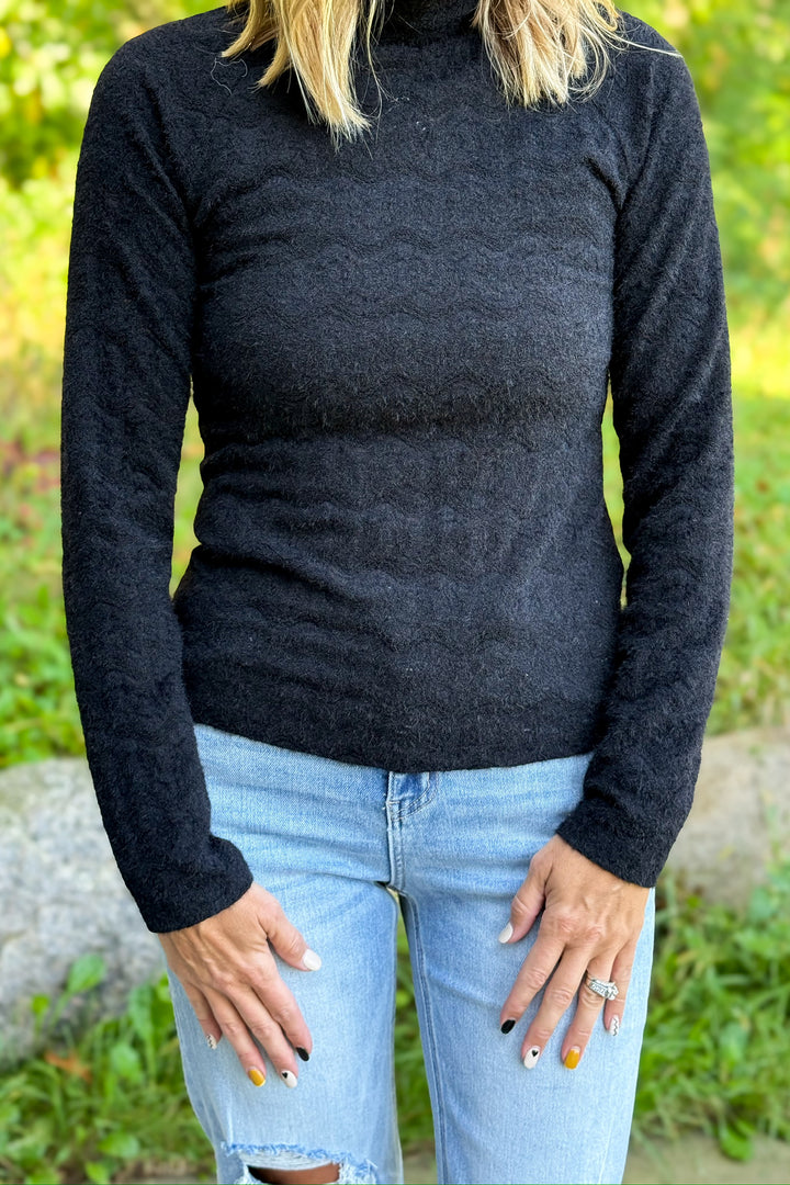 Black Brushed Lace Mock Neck