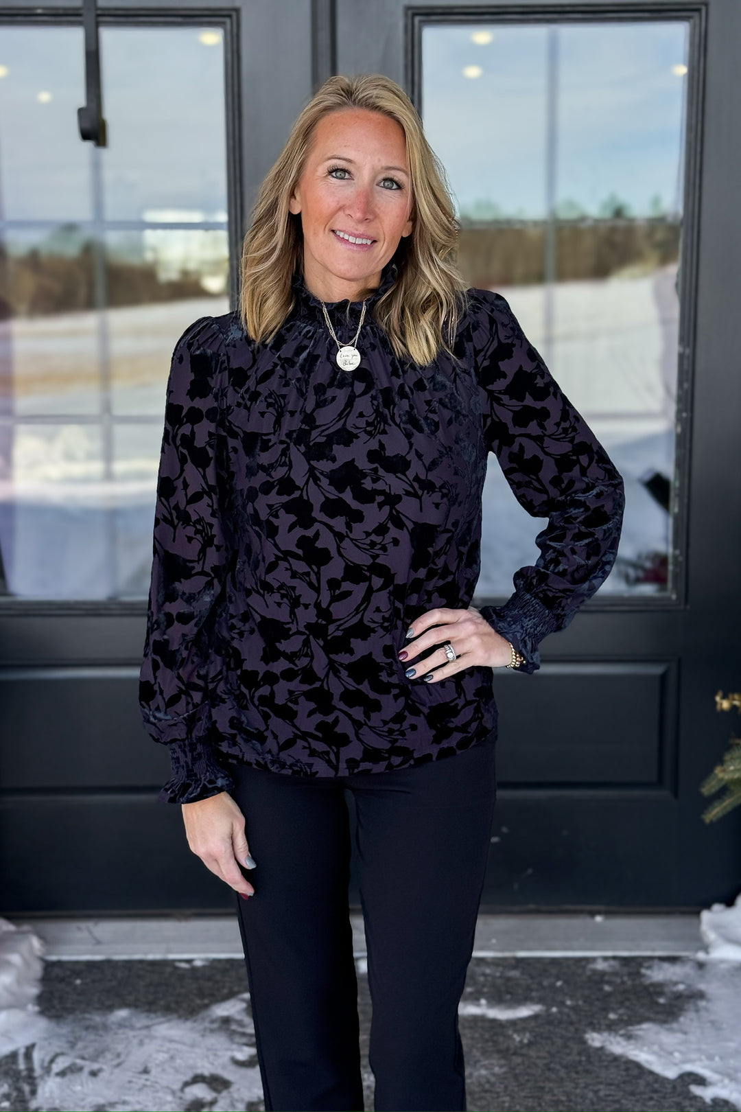 Navy Smocked Velvet Top