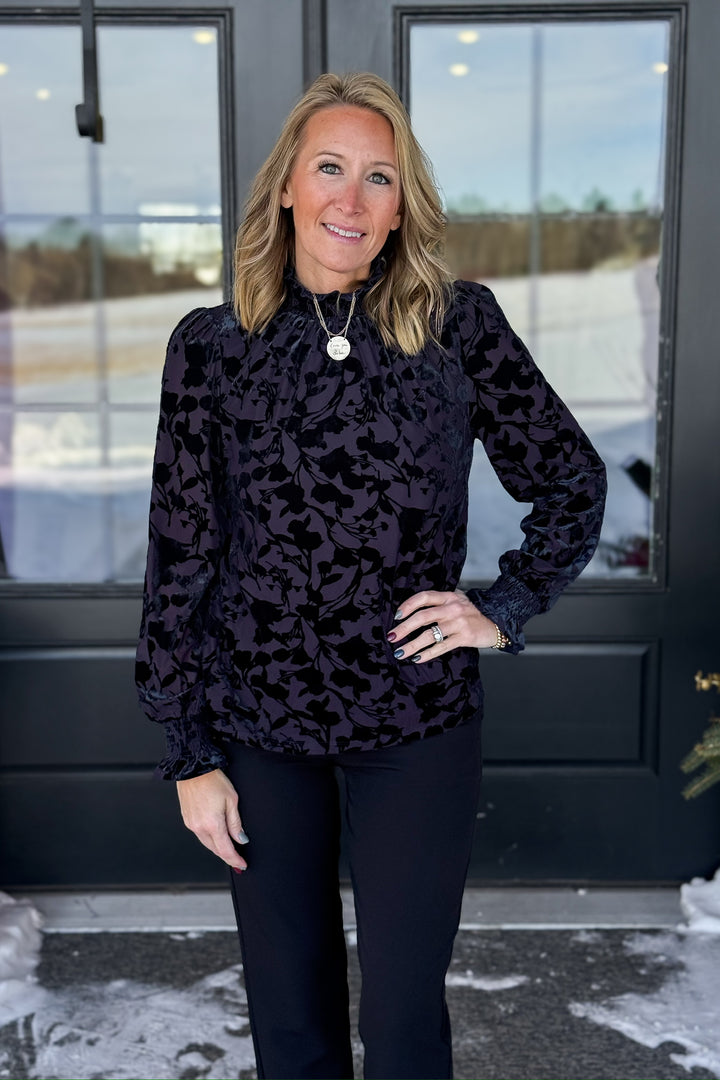 Navy Smocked Velvet Top