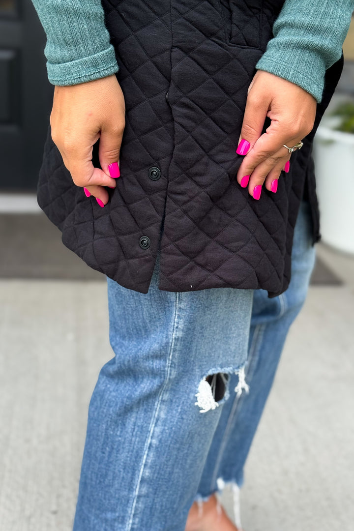 Long Quilted Vest- Black