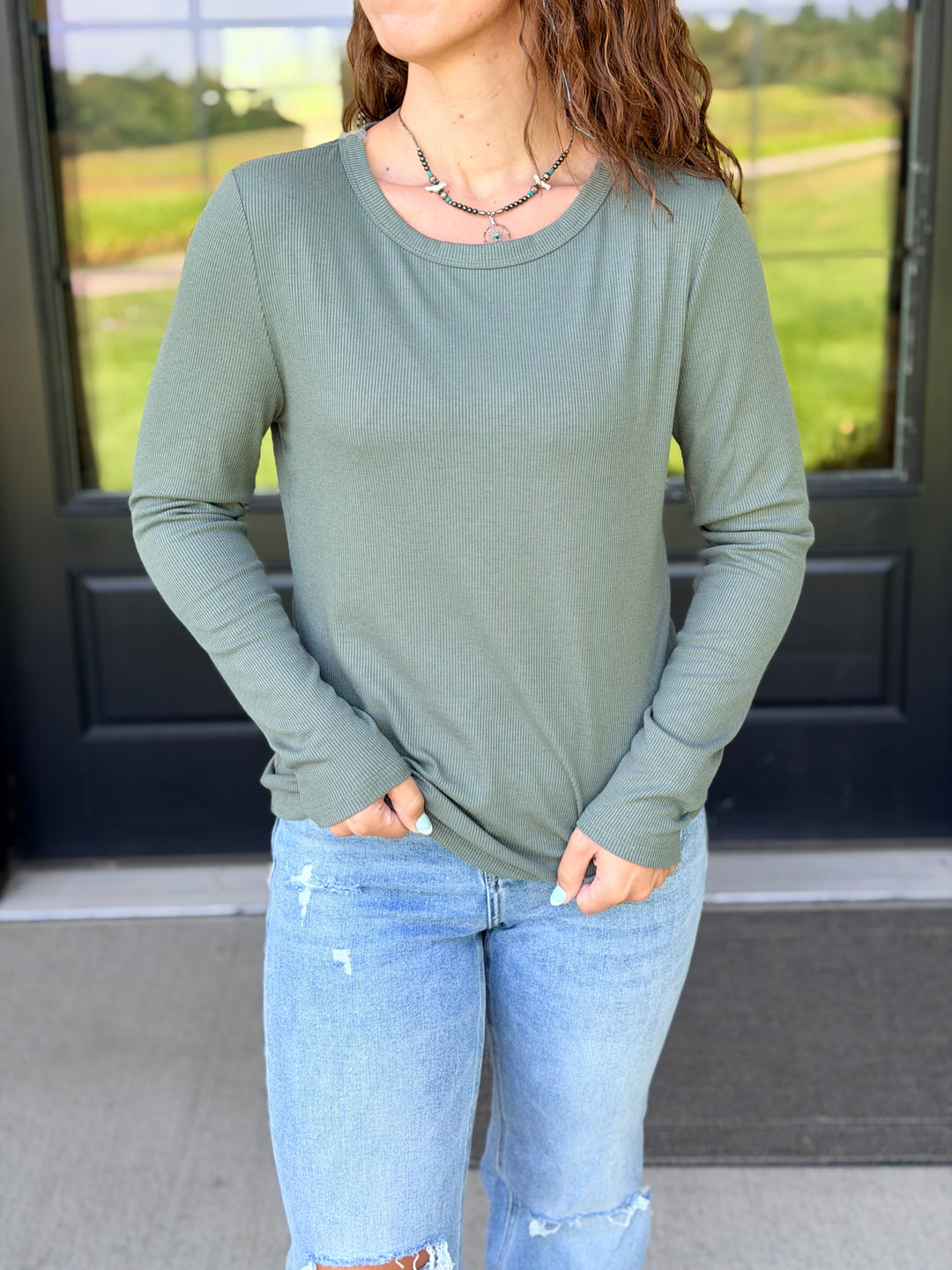 Ribbed Long Sleeve Crew- Olive