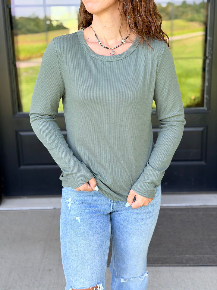 Ribbed Long Sleeve Crew- Olive