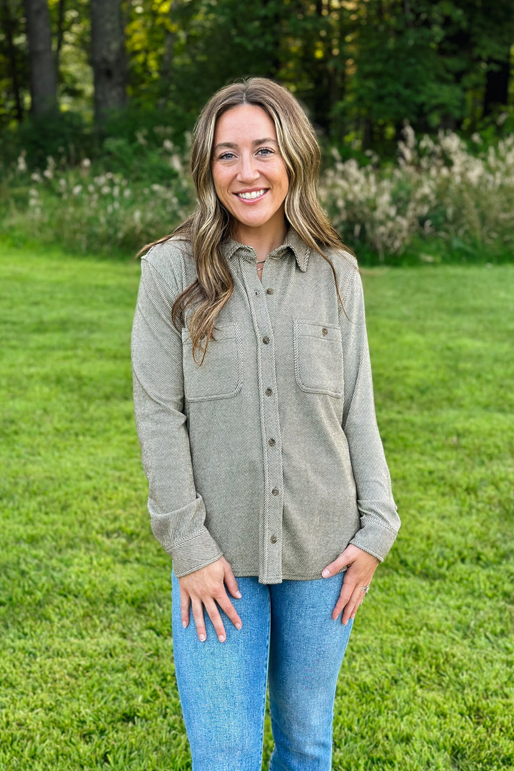 Olive Herringbone Button Down