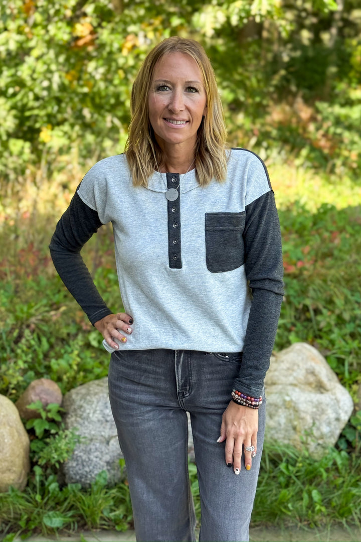 Grey Henley Button Detail