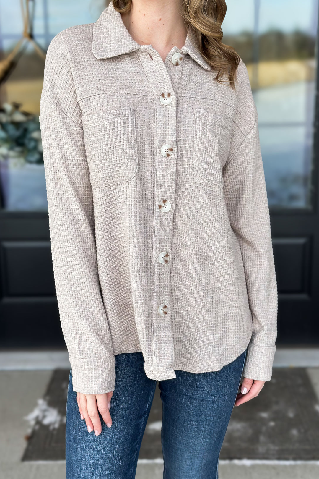 Waffle Knit Button Down