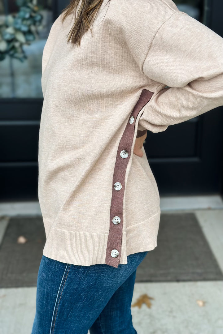 Taupe Sweater Side Button Detail