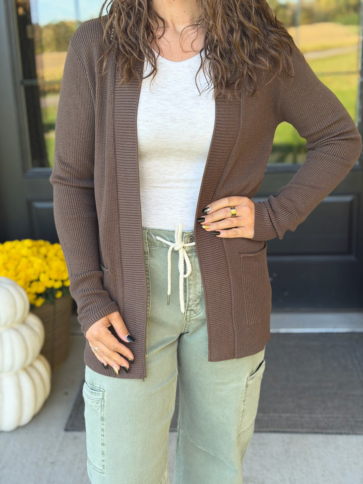 Open Waffle Cardigan- Brown