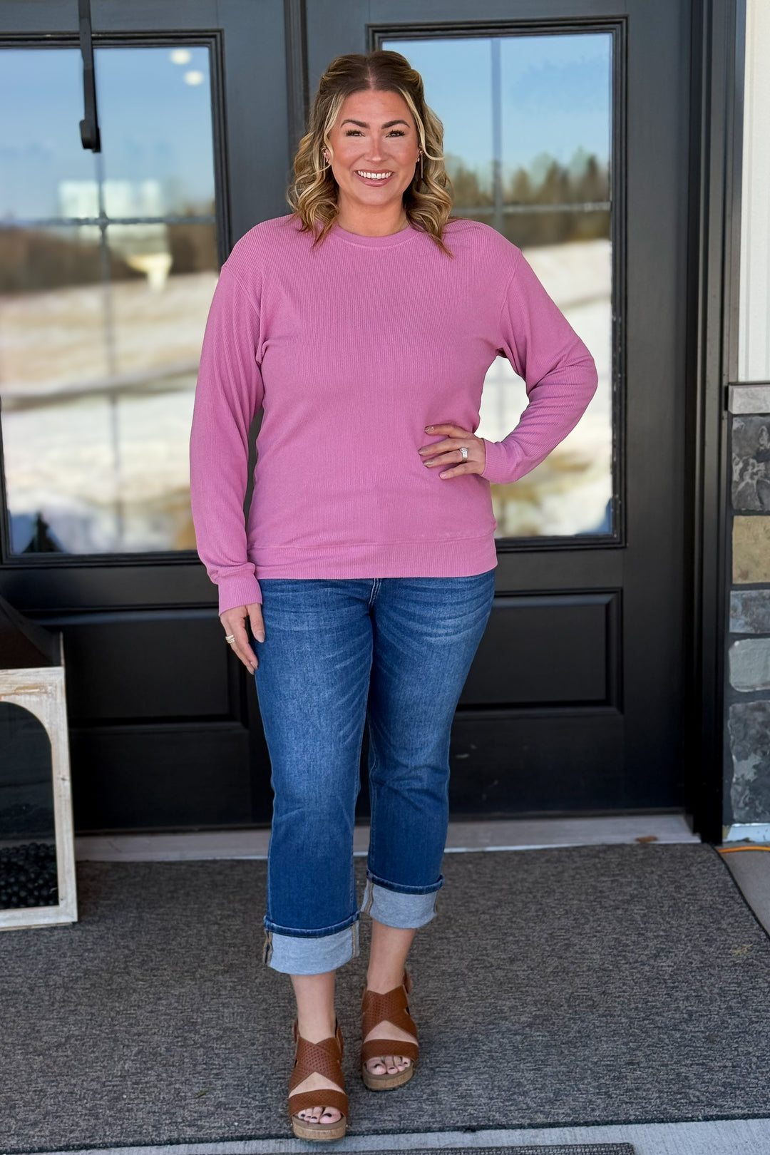 Corrine Ribbed Pullover- Rose