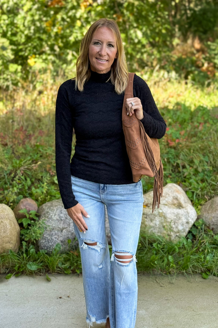 Black Brushed Lace Mock Neck
