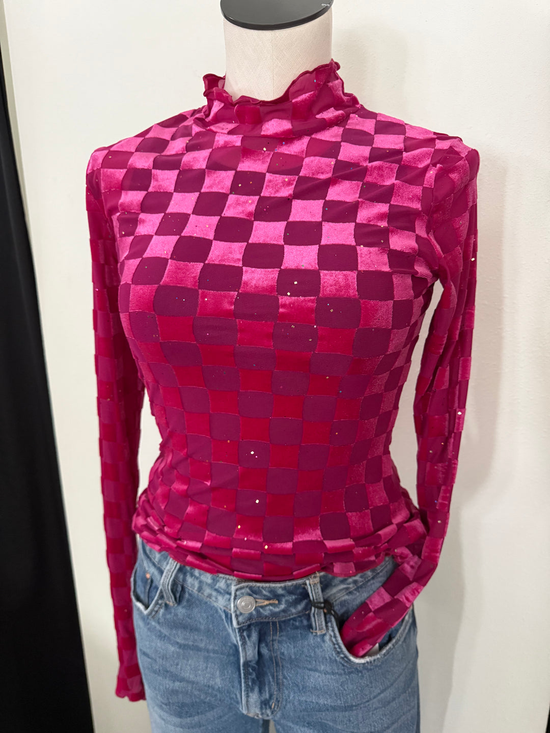 Times Square Pink Velvet Mesh Top