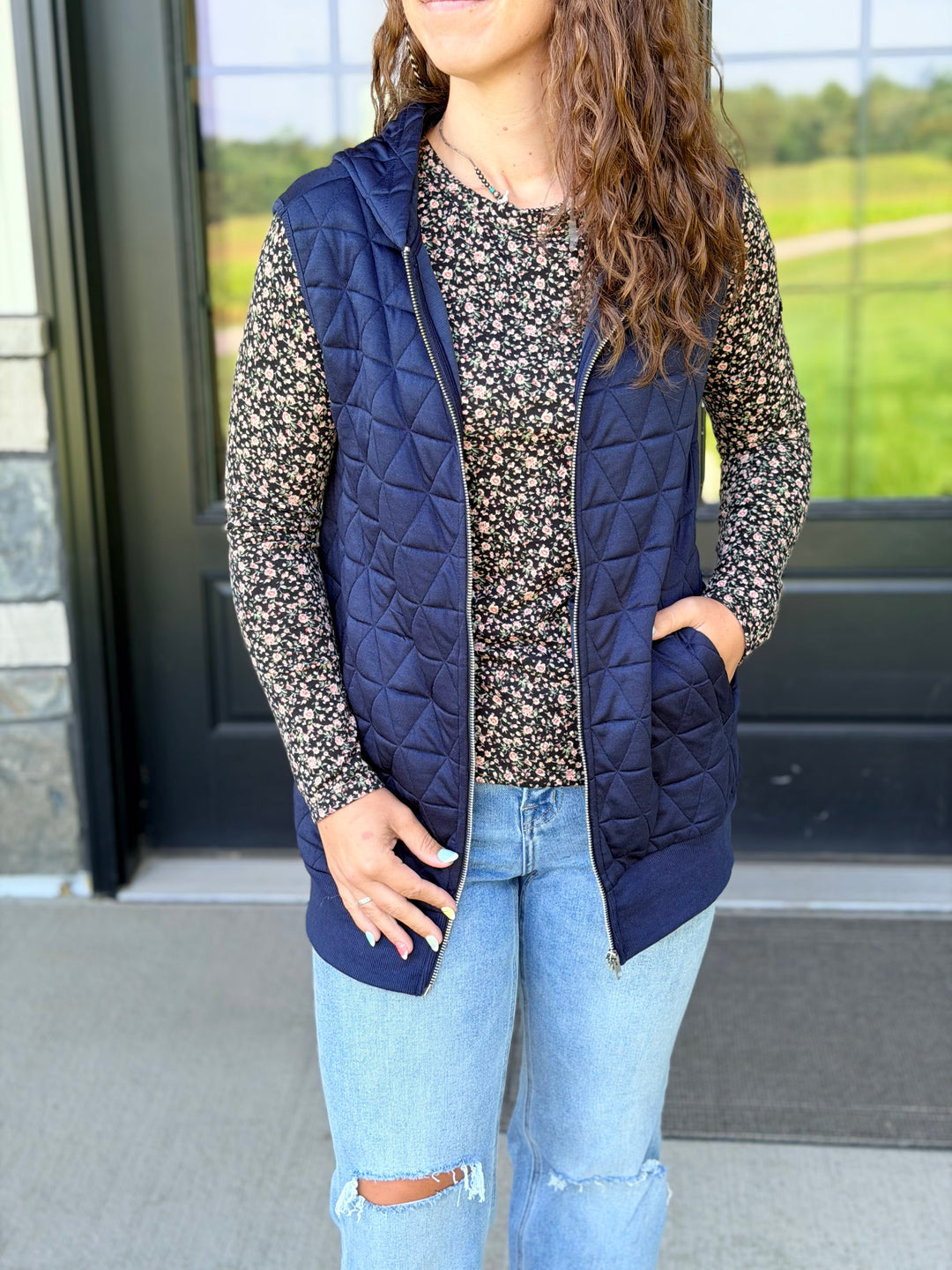 Quilted Long Zipper Vest- Navy