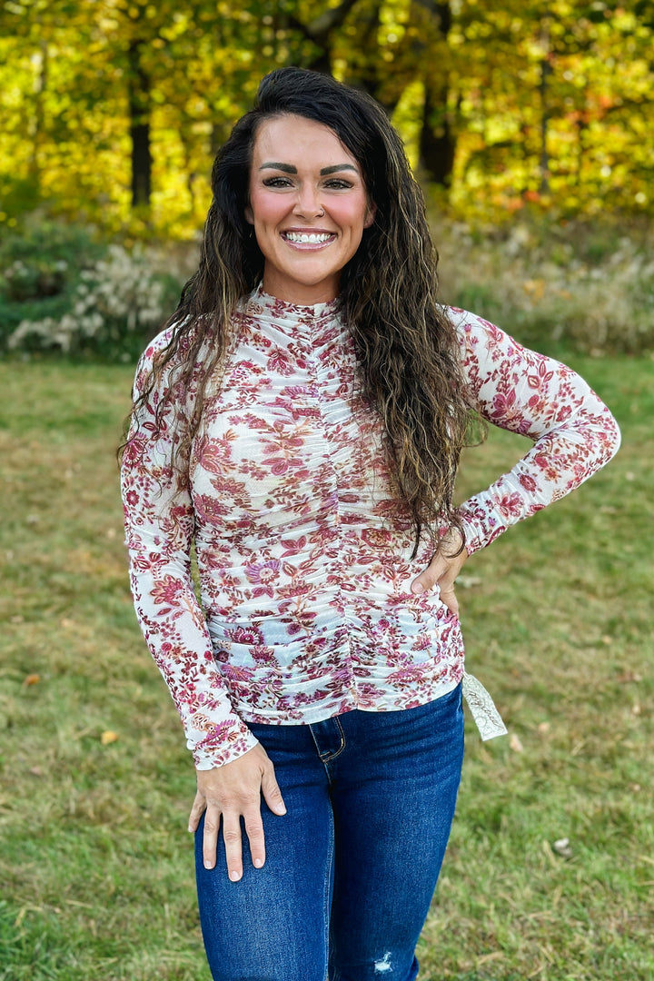 Ivory Print Ruched Blouse