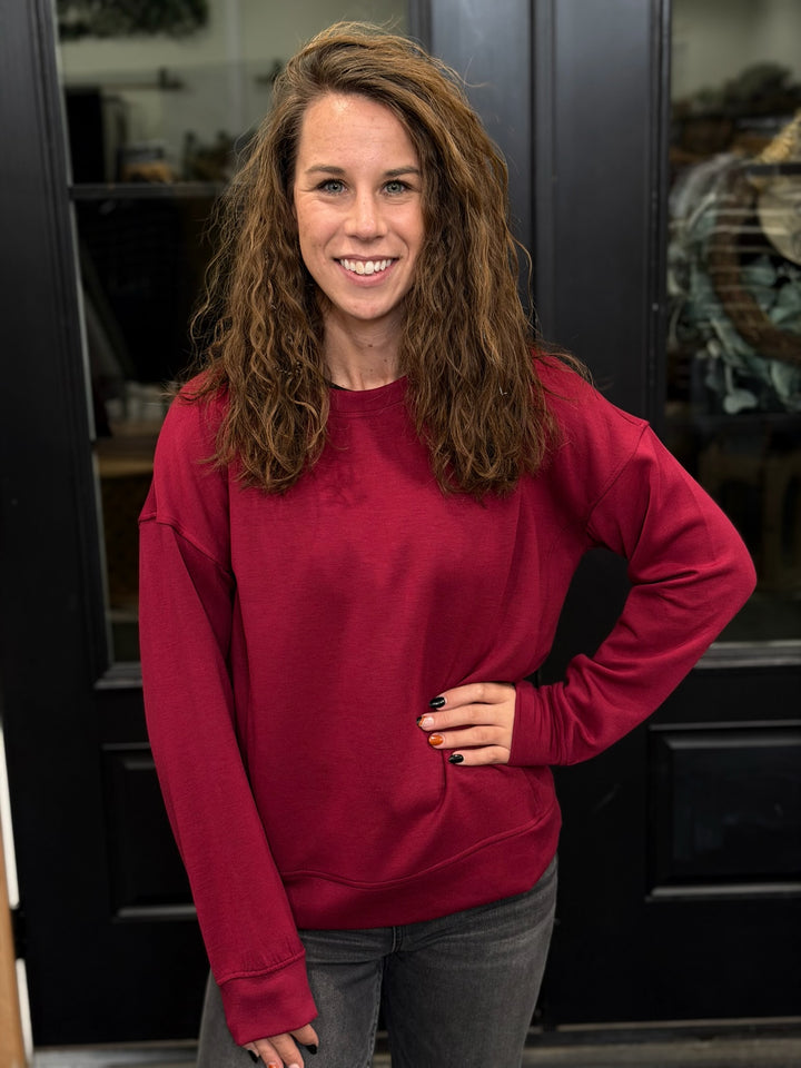 Solid Crew Neck Pullover- Cabernet