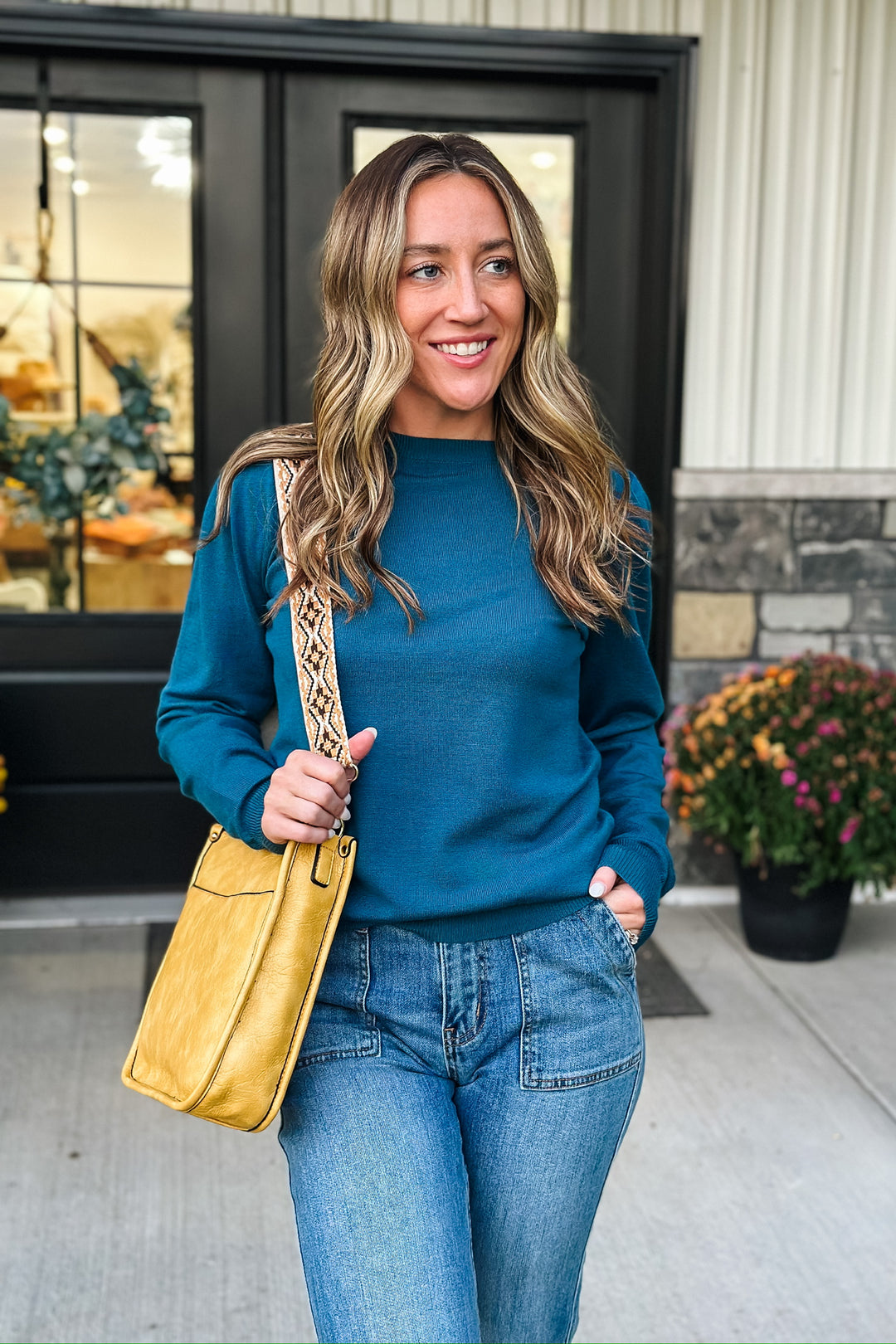 Teal Crew Pleated Sweater