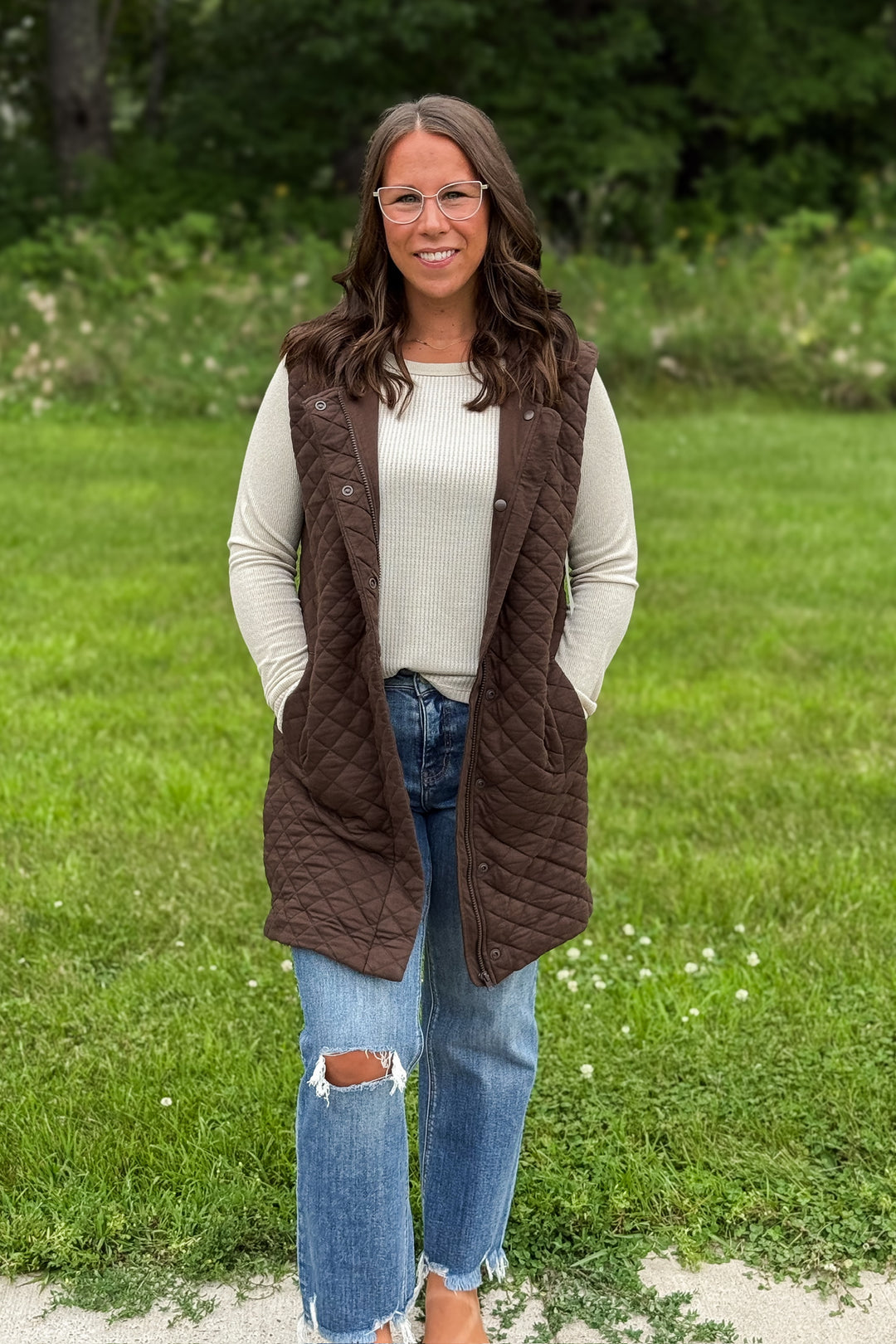 Long Quilted Vest- Espresso