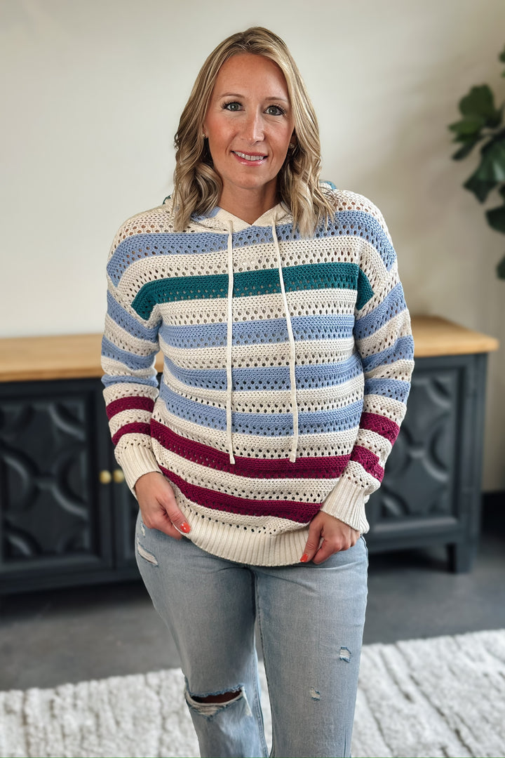 Multi-Stripe Hooded Knit Pullover