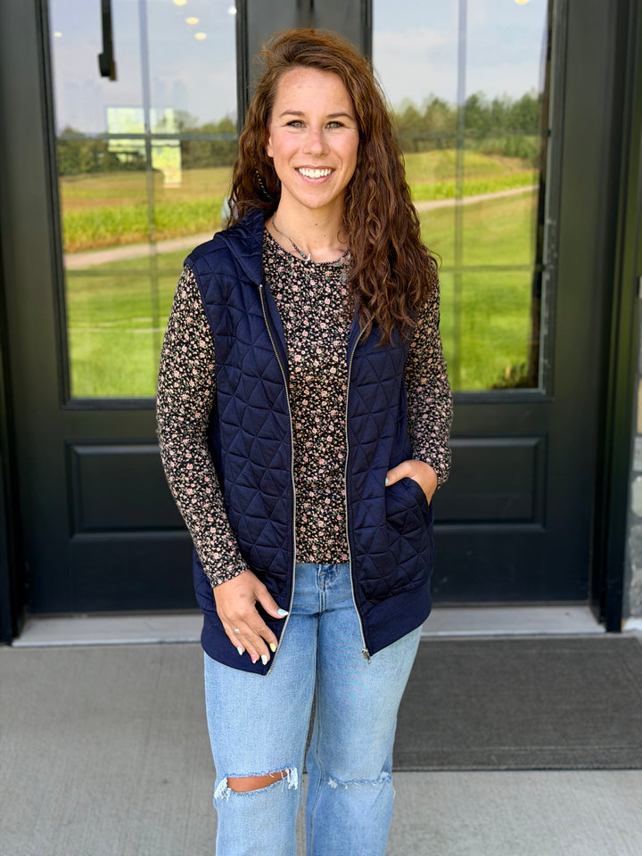 Quilted Long Zipper Vest- Navy