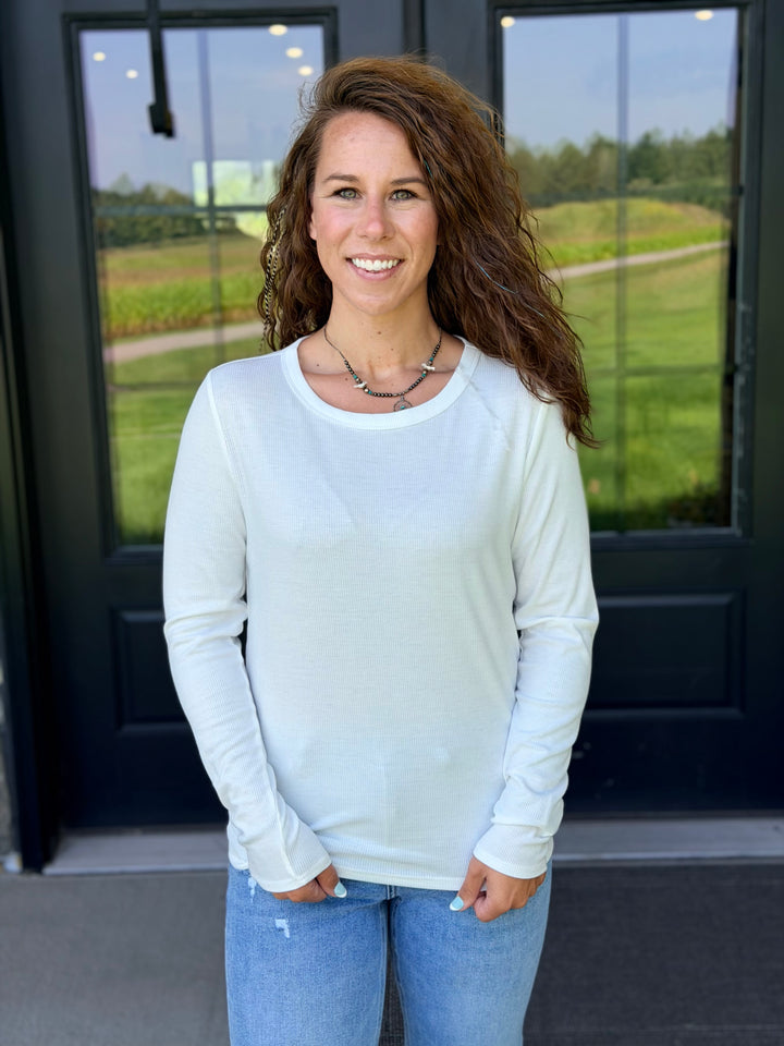 Ribbed Long Sleeve Crew- Ivory