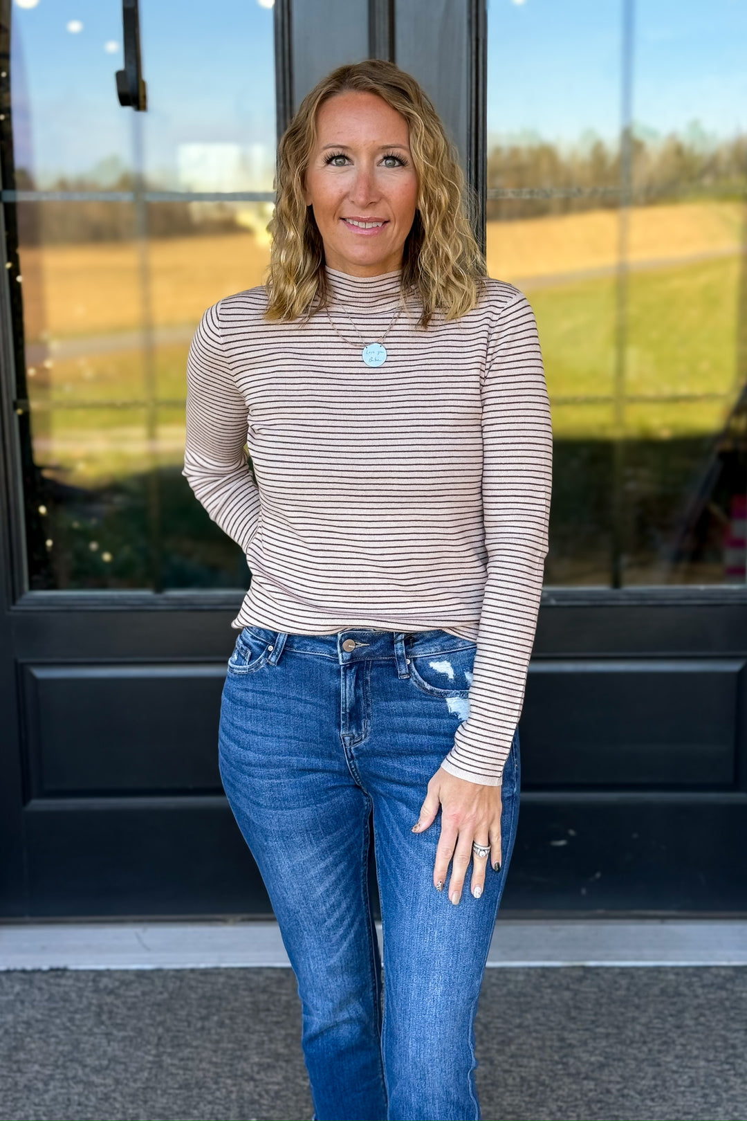 Taupe Stripe Mock Neck