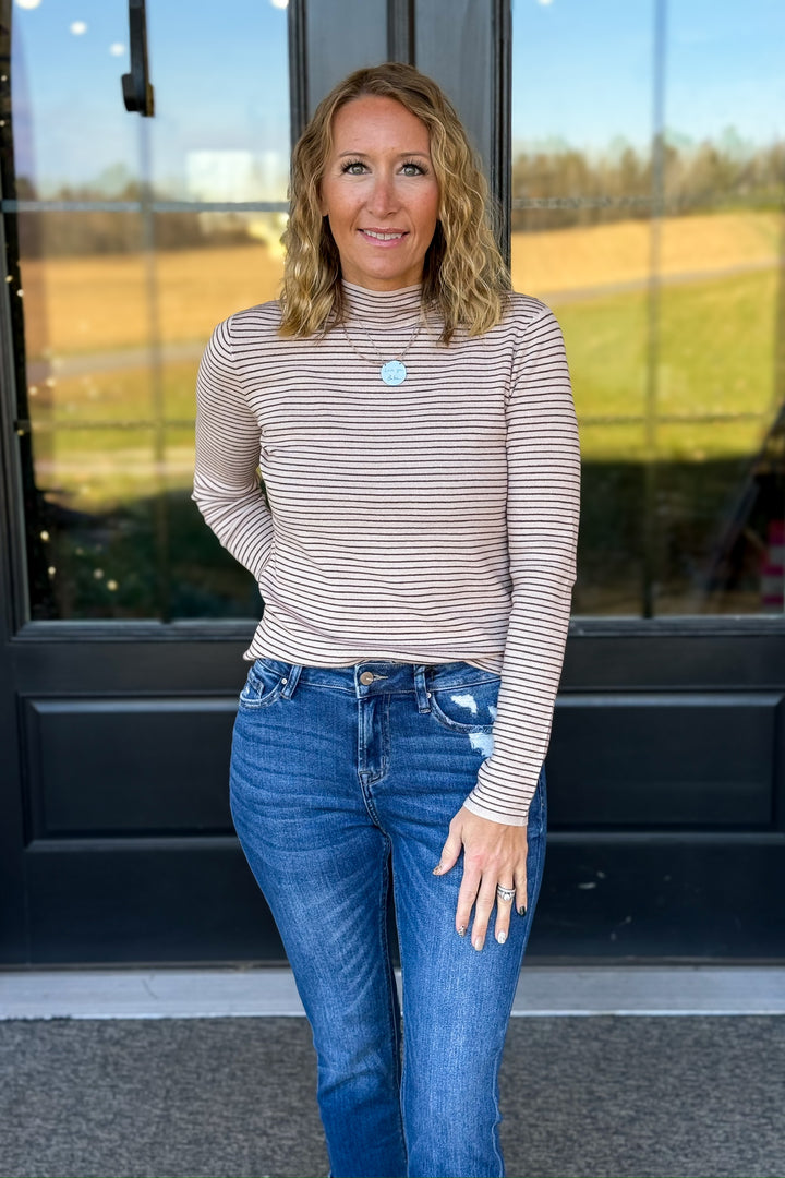 Taupe Stripe Mock Neck