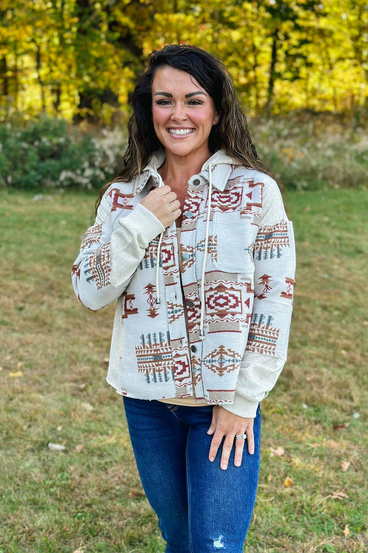 Oatmeal Hooded Aztec Shacket