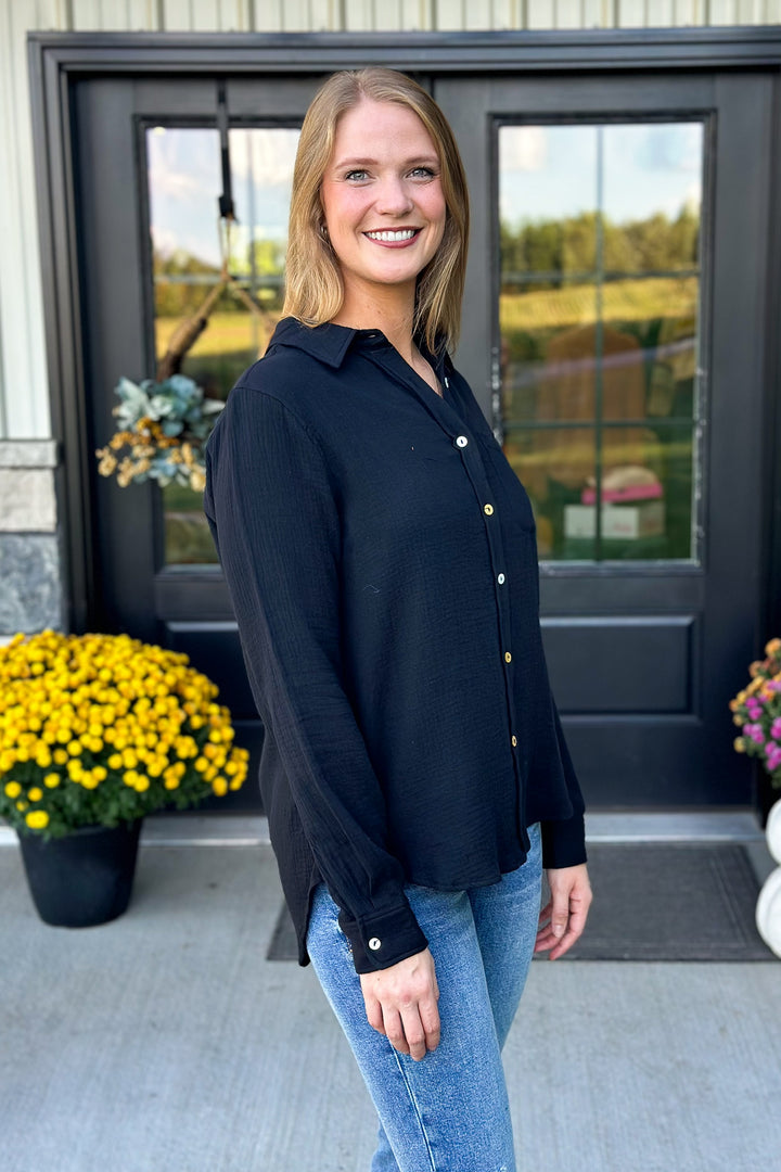 Black Woven Button Up