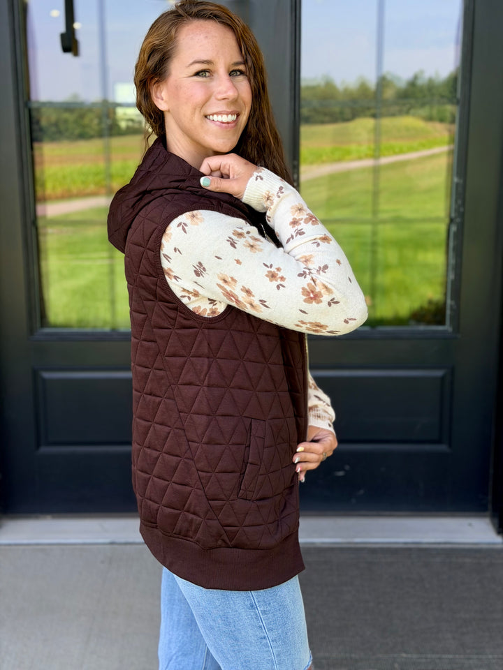 Quilted Long Zipper Vest- Brown