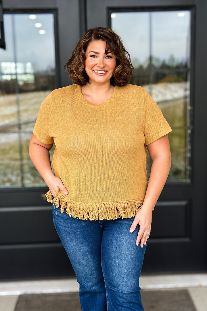 Mustard Fringe Hem Knit Top