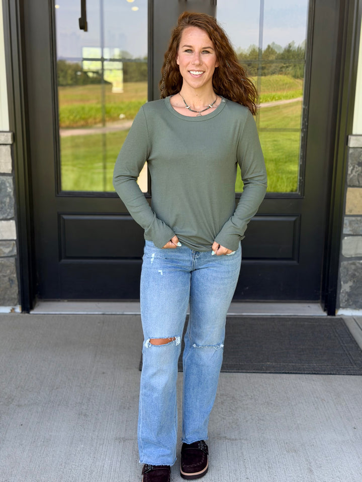 Ribbed Long Sleeve Crew- Olive