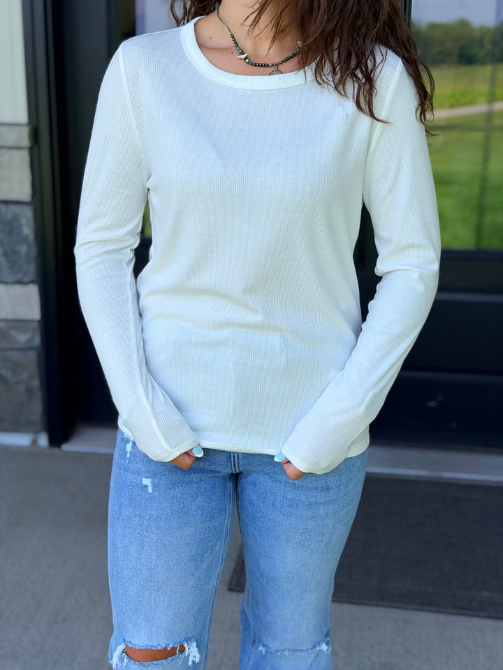 Ribbed Long Sleeve Crew- Ivory