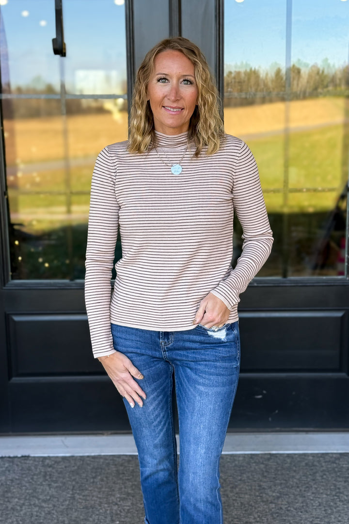 Taupe Stripe Mock Neck