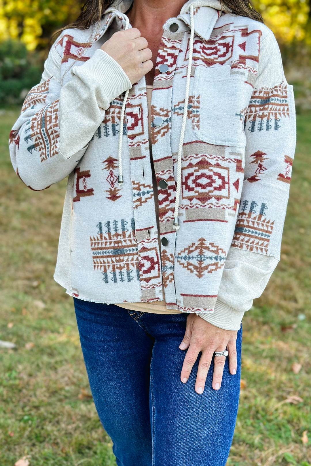 Oatmeal Hooded Aztec Shacket