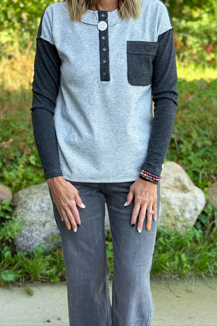 Grey Henley Button Detail