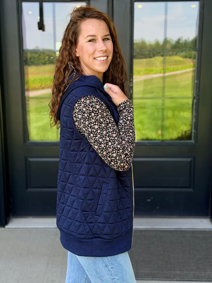 Quilted Long Zipper Vest- Navy