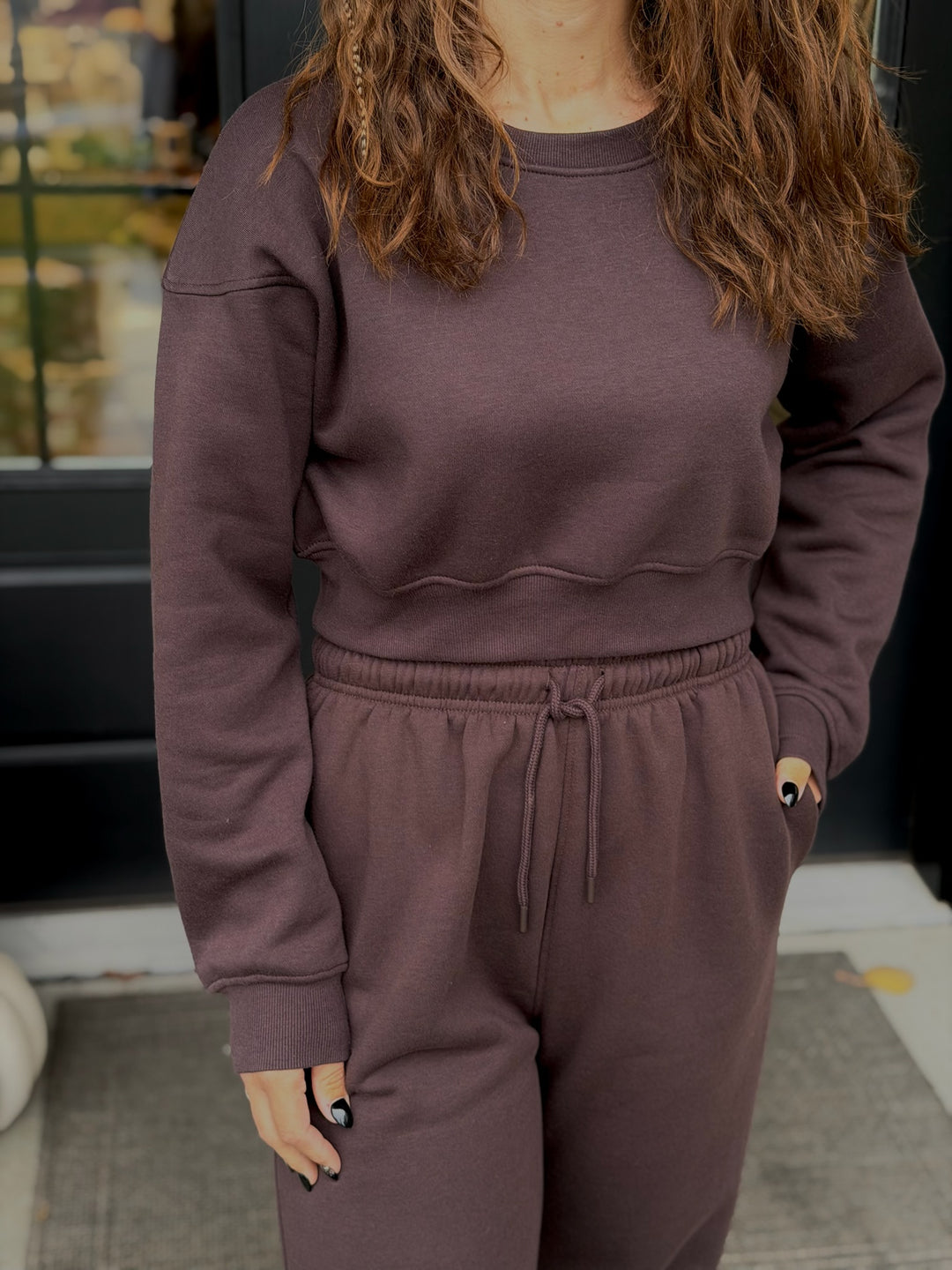 Brown Fleece Crop Sweatshirt