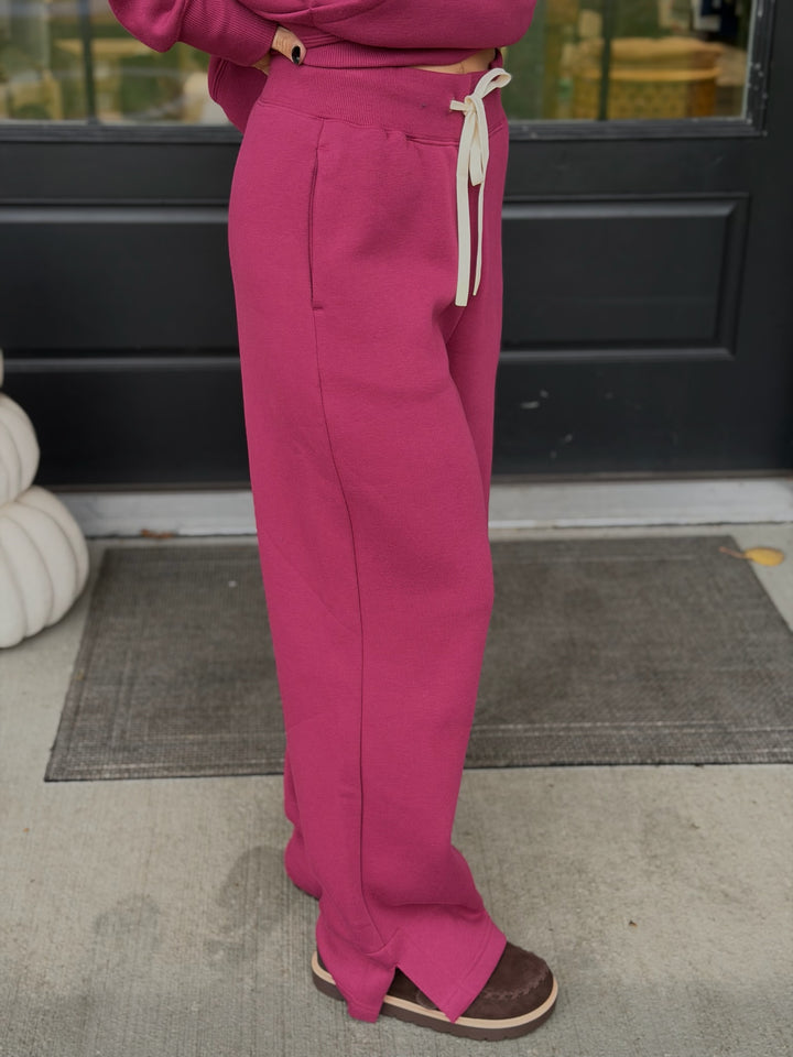 Fleece Wide Leg Pants- Berry