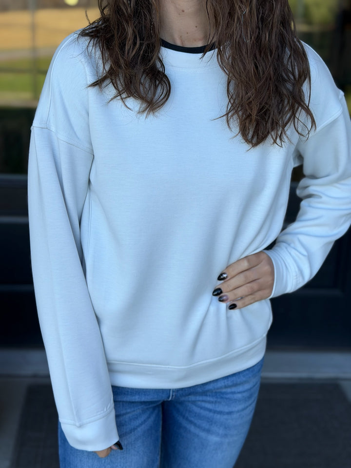 Solid Crew Neck Pullover- Bone