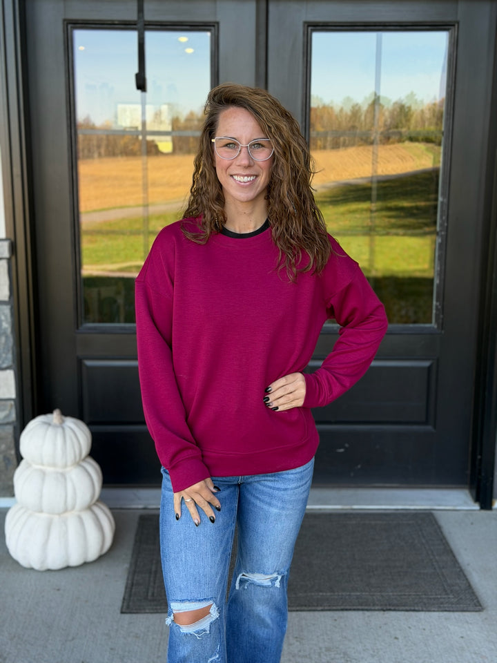 Solid Crew Neck Pullover- Cabernet