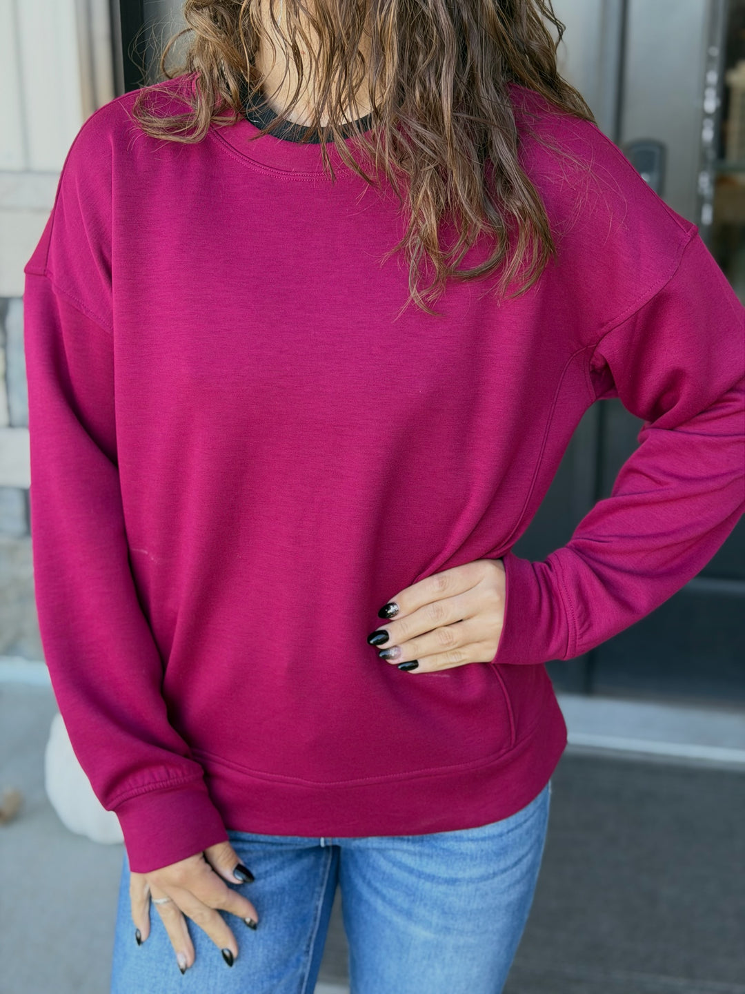 Solid Crew Neck Pullover- Cabernet
