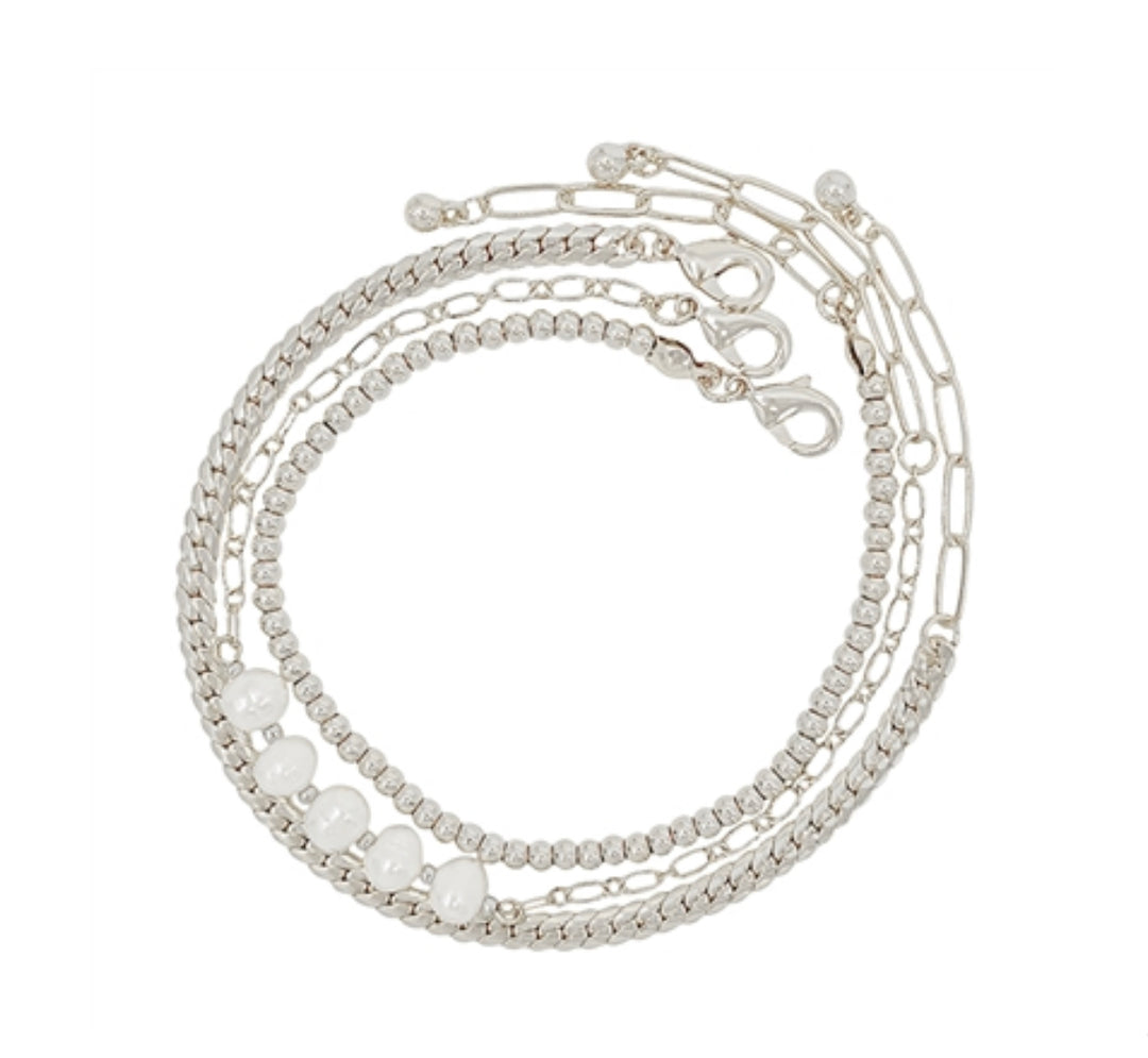 Matte Silver & Pearl 5 Row Bracelet
