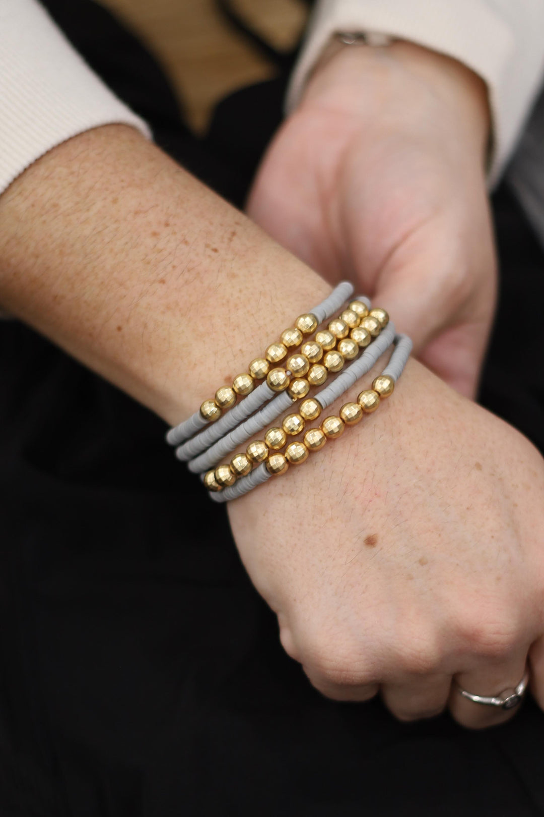 Grey Rubber & Gold Bead Bracelet Set